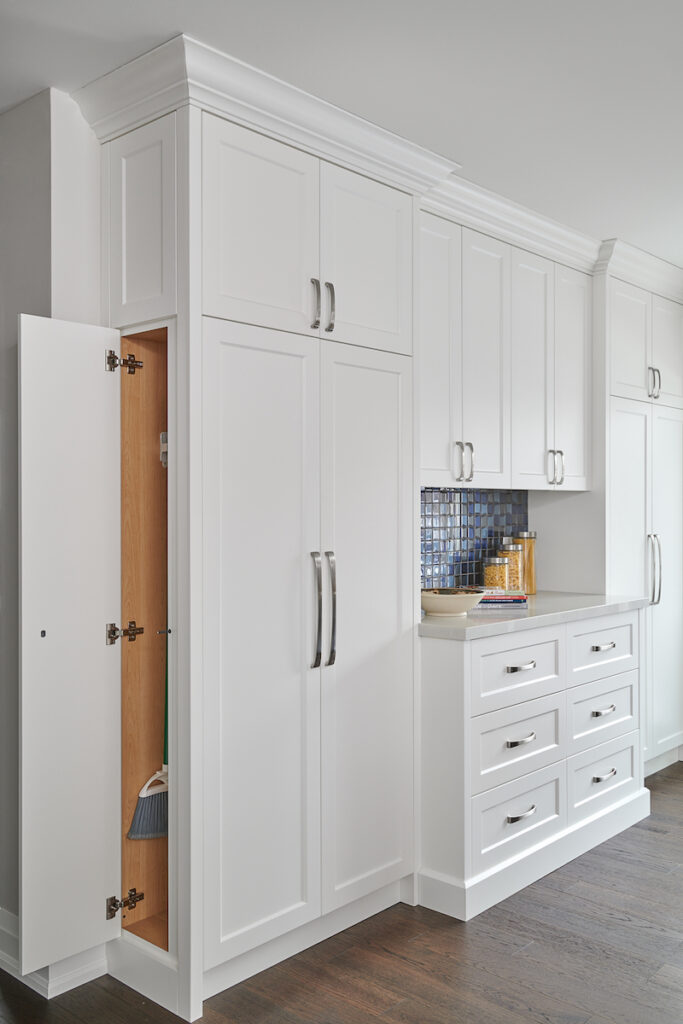 Hidden Storage Brooms White Kitchen Pantry Shaker Doors Dark Hardwood