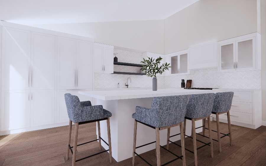 White Kitchen With Island Painted Cabinets And Chairs