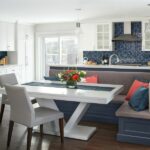 White Kitchen Cabinets Hale Navy Banquette Stainless Steel Appliances Blue Backsplash