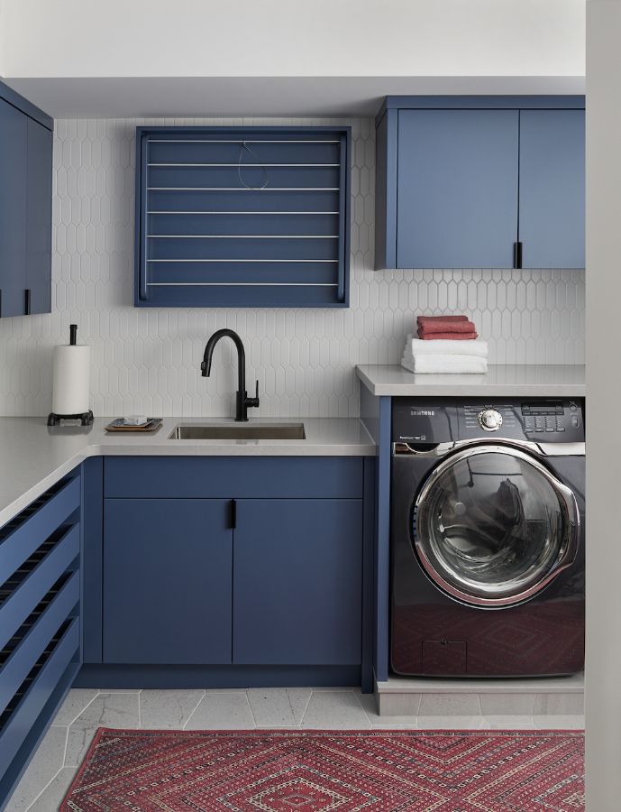 Organized Laundry Room Blue Cabinets Indigogo Benjamin Moore Black Hardware Black Faucet