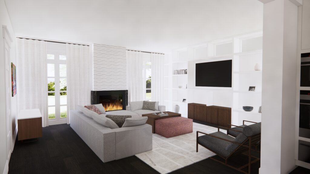 White Living Room With Sectional And Fireplace