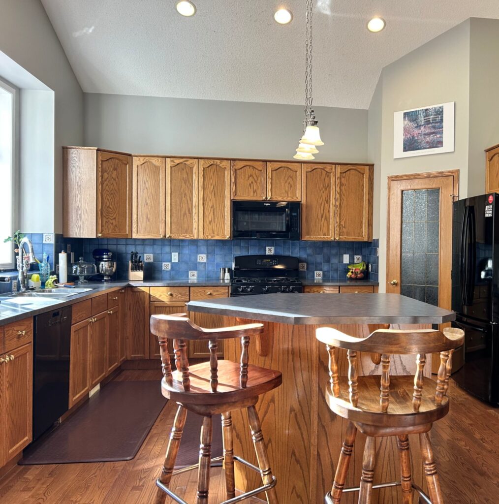 Before Oak Kitchen With Blue Tile Backsplash And Vaulted Ceiling And