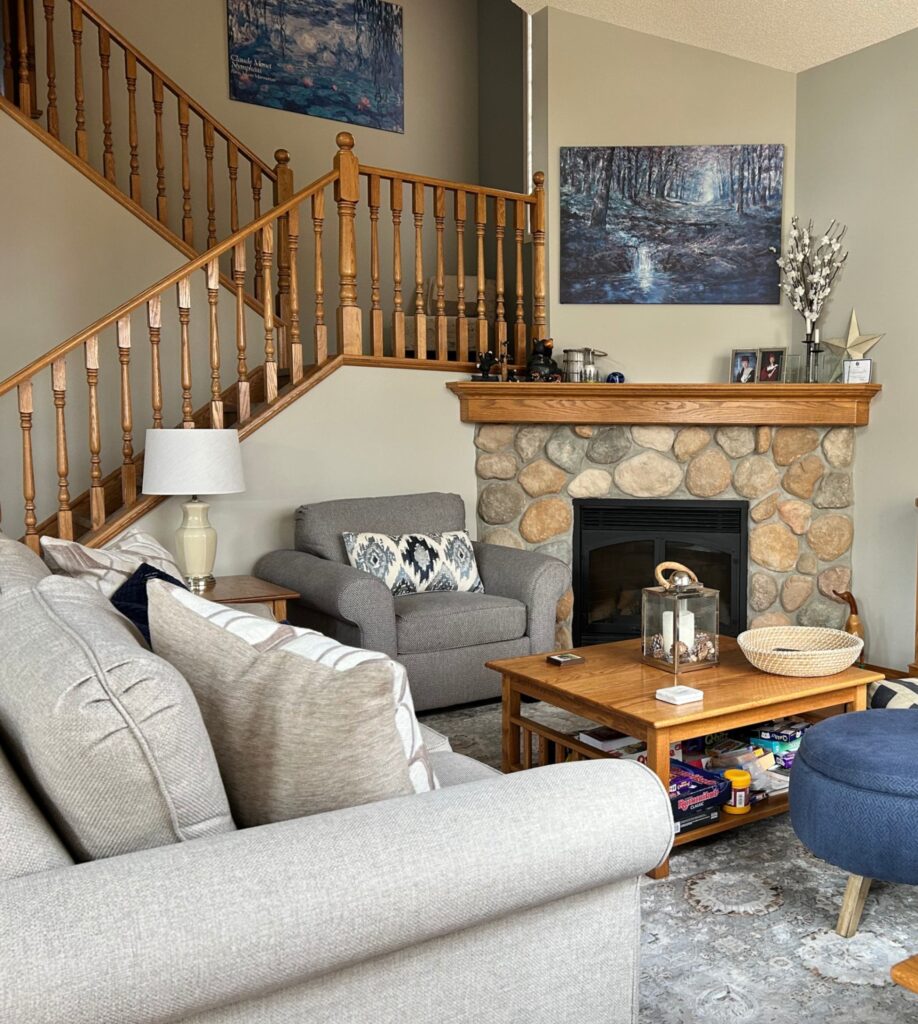 Revere Pewter Walls And Fireplace Living Room