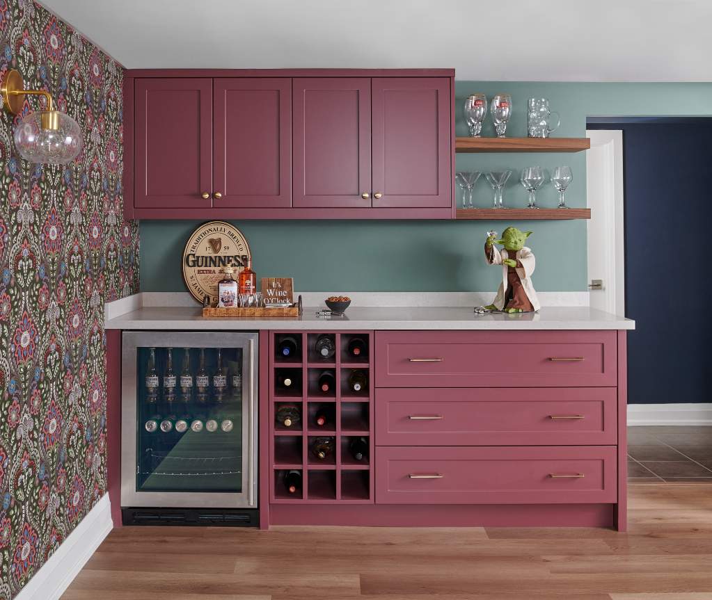 Basement Dry Bar Quartz Countertop Caesarstone Red Cabinets Smooth Ceiling