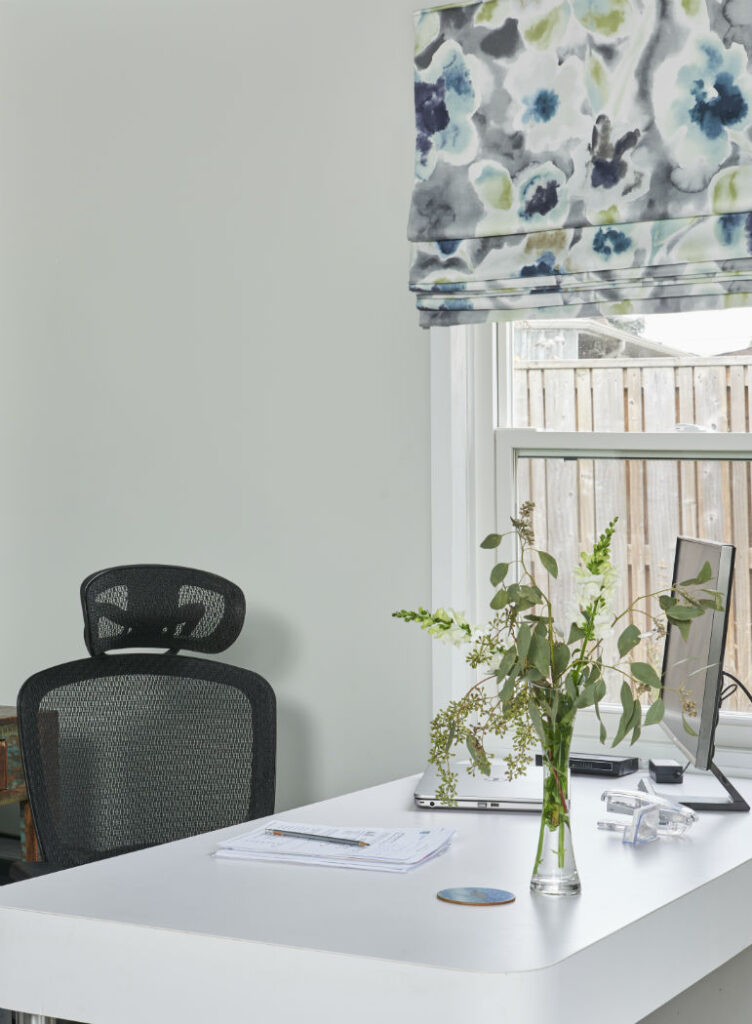 Office Studio Mock Roman Blind In Abstract Blue Green Floral Pattern