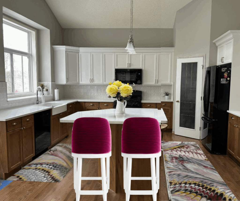 White Dove Kitchen Revere Pewter Walls Burgundy Stools2