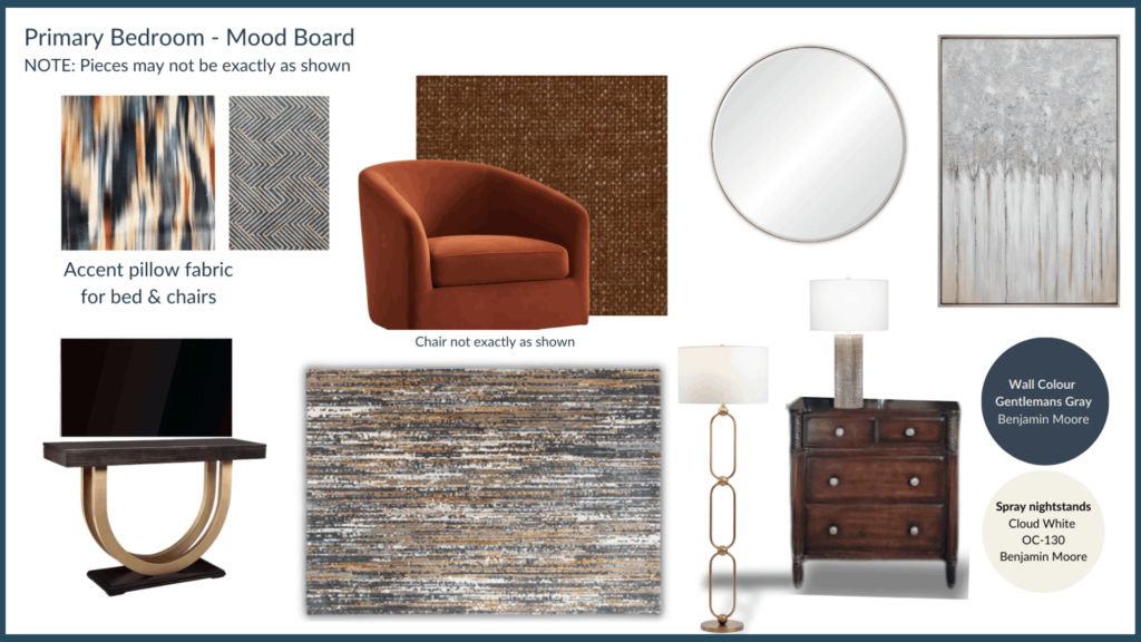 Interior design moodboard for Burlington principal bedroom, featuring accent pillow fabrics, rust swivel chair, area rug, artwork, mirror, table lamp, and paint colours by clairejefford.