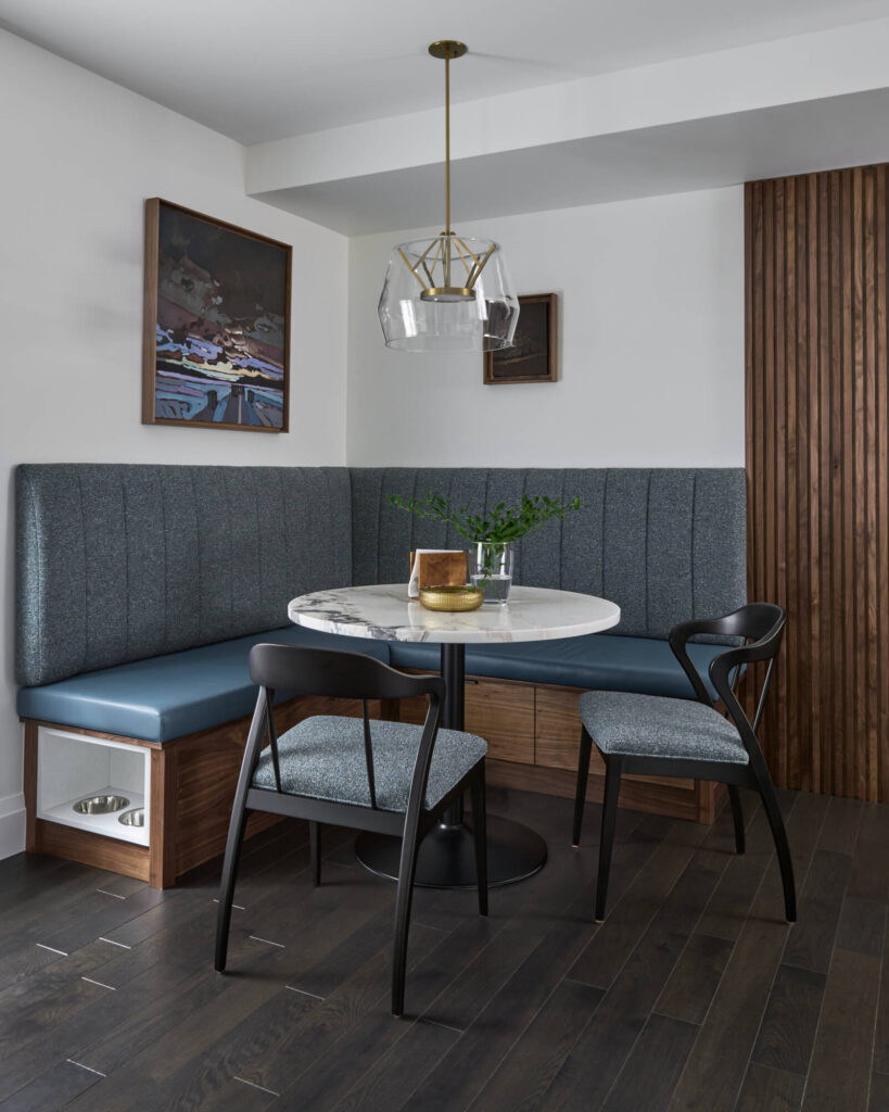 Kitchen Corner Banquette Blue Green Round Table Black Chairs