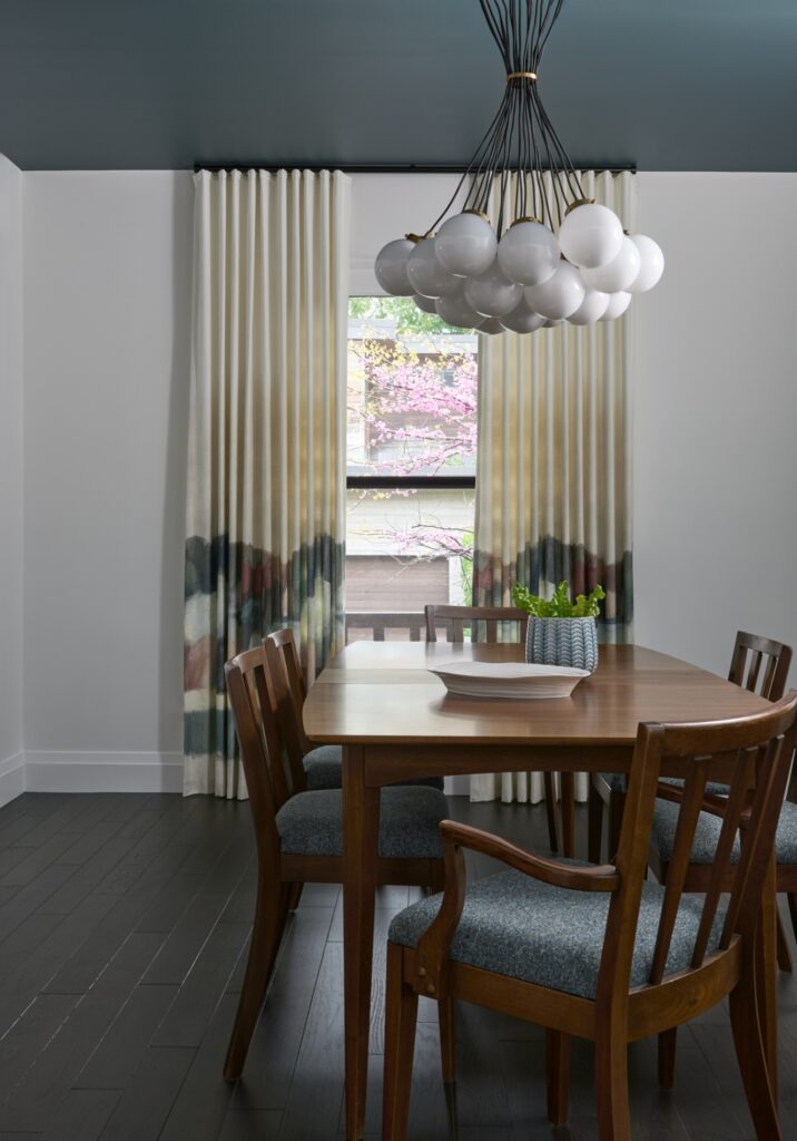 Newberg Green Ceiling Chantilly Lace Painted Walls Dining Room Balloon Light Mid Century Modern Table And Chairs