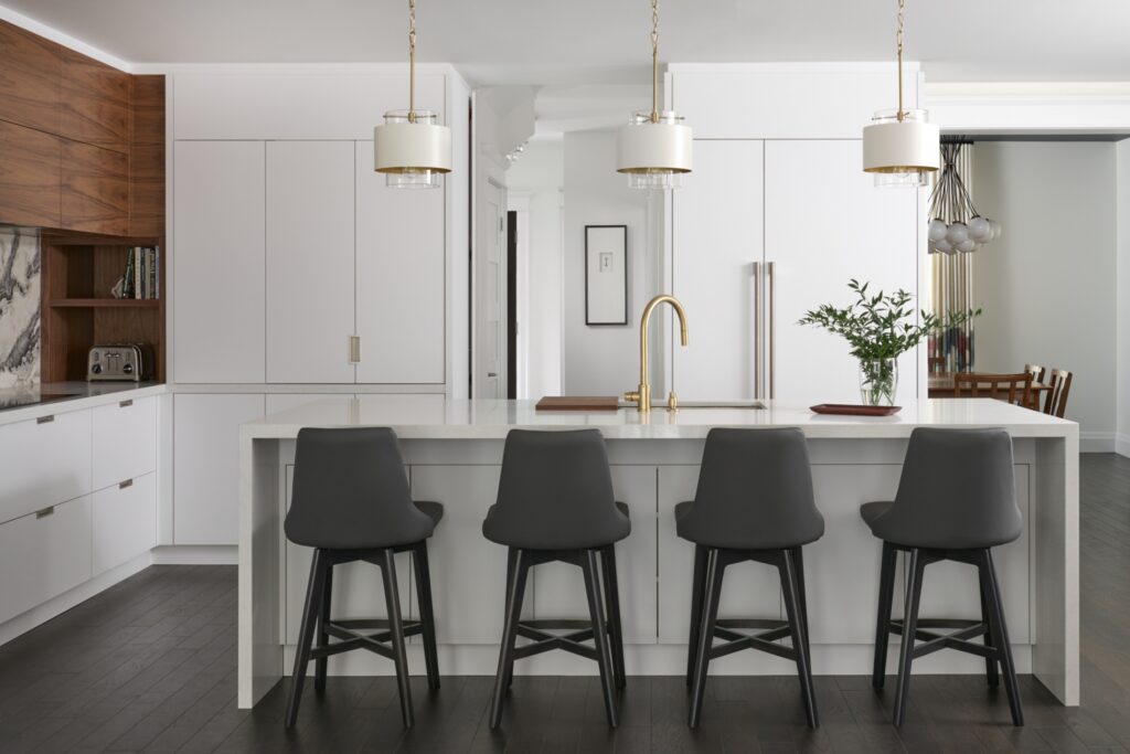 White Kitchen White Pendants Quartz Island Dark Gray Stools 1