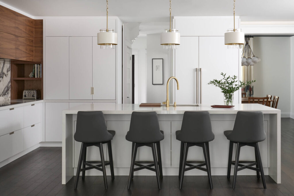 White Kitchen White Pendants Quartz Island Dark Gray Stools